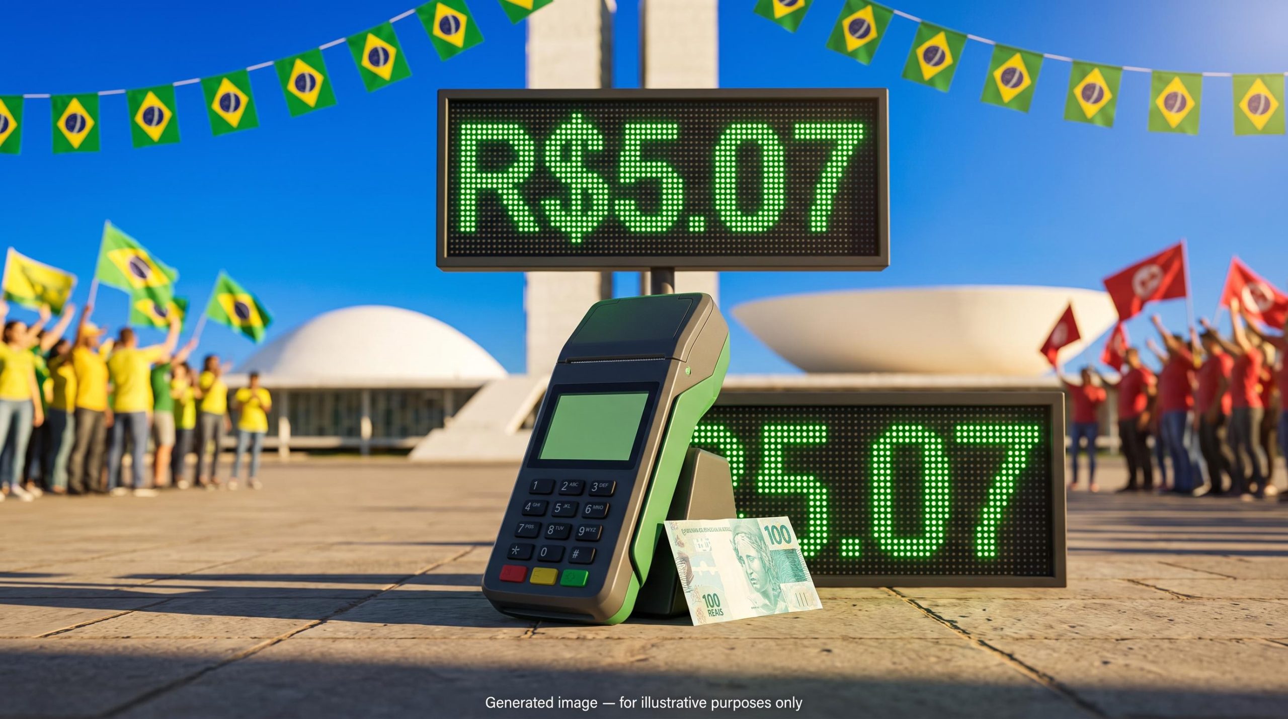 Brazil run-off election voting terminal in Brasília with the real at R$5.07 on a street display before the Congress domes