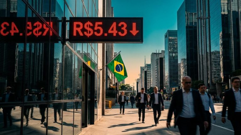 Red LED exchange board showing R$5.43 on a São Paulo street, reflecting the Brazilian real outlook after Lula's election win