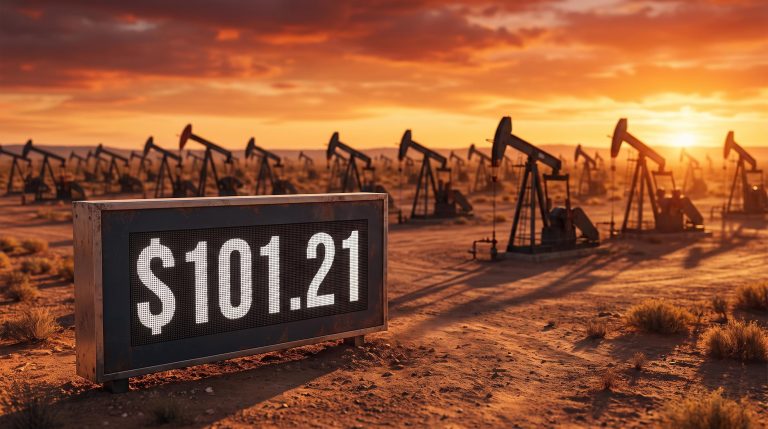 Permian Basin pump jacks at golden hour with Brent crude price "$101.21" on a field trading board
