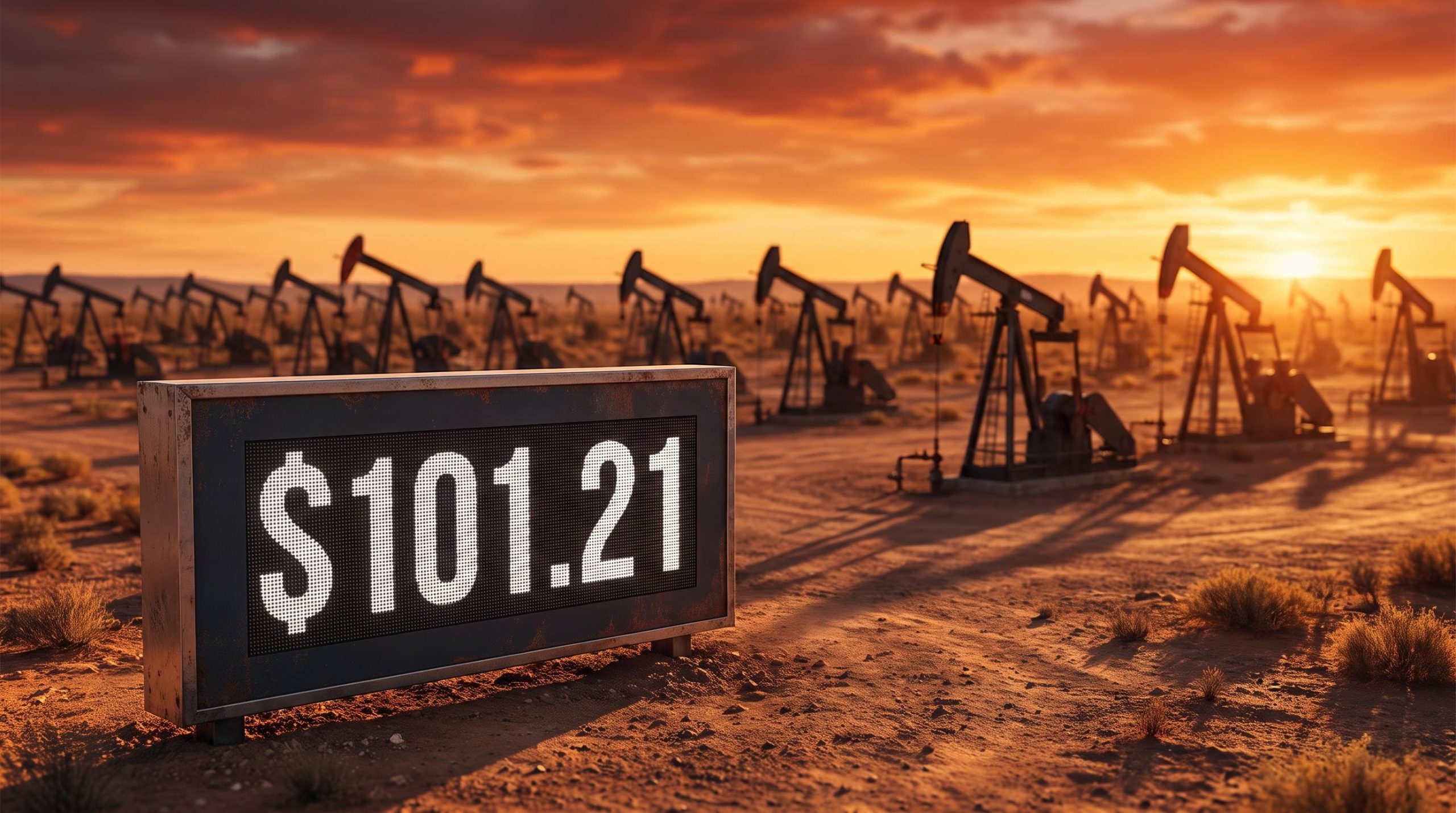 Permian Basin pump jacks at golden hour with Brent crude price "$101.21" on a field trading board