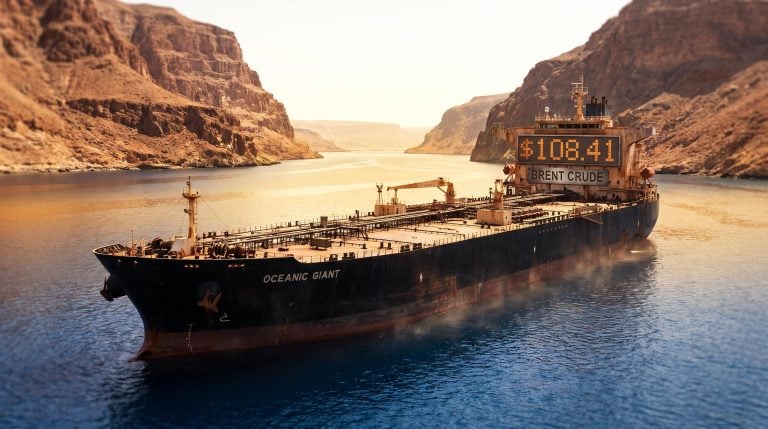 Supertanker stranded in a Middle East strait with Brent crude at $108.41 as both oil export corridors shut down