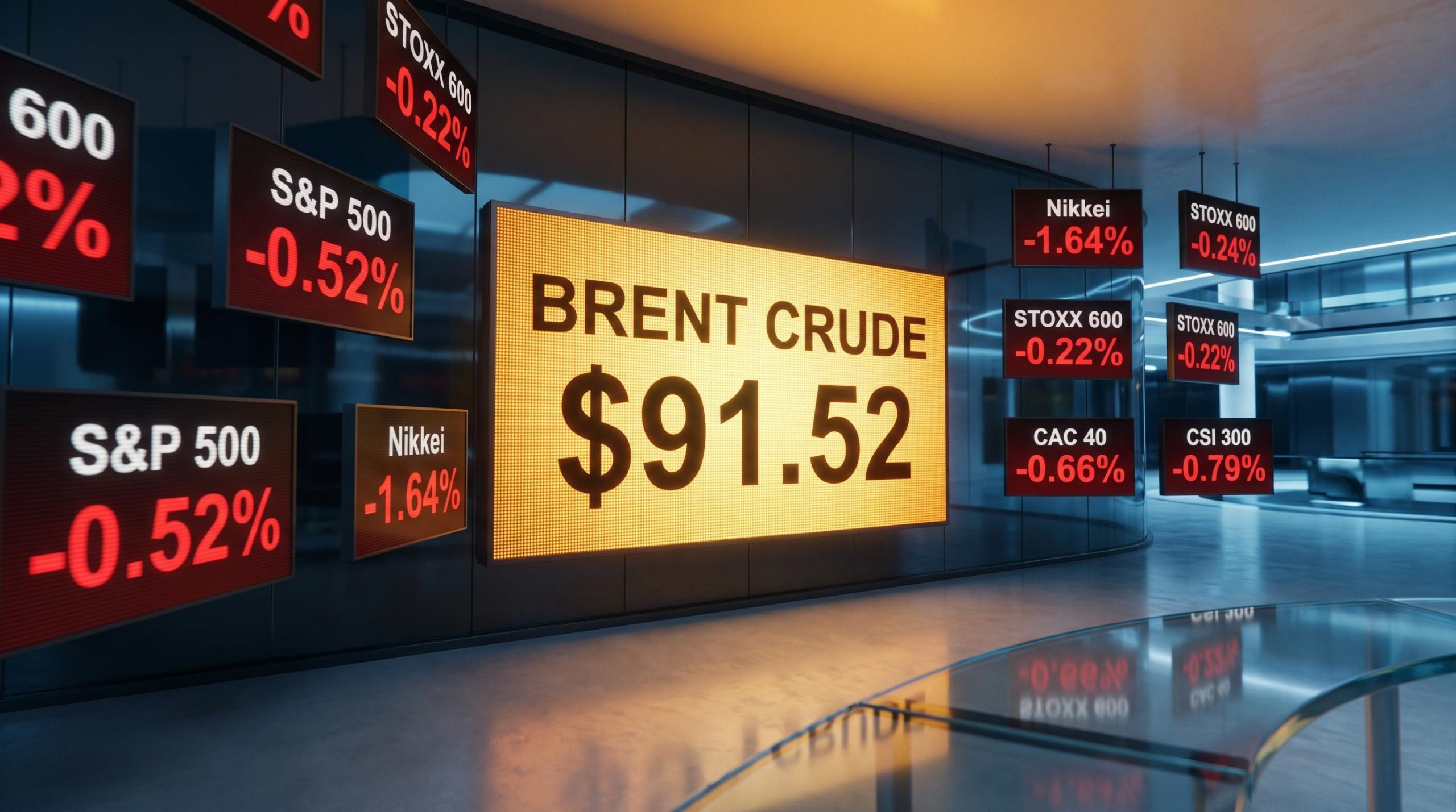 Brent crude at $91.52 triggers global selloff — S&P 500, Nikkei, STOXX 600 data panels amid stagflation fears