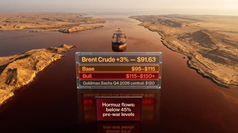 Hormuz strait aerial view with Brent crude $91.63 and Goldman Sachs $120 Q4 2026 oil price shock scenario panels