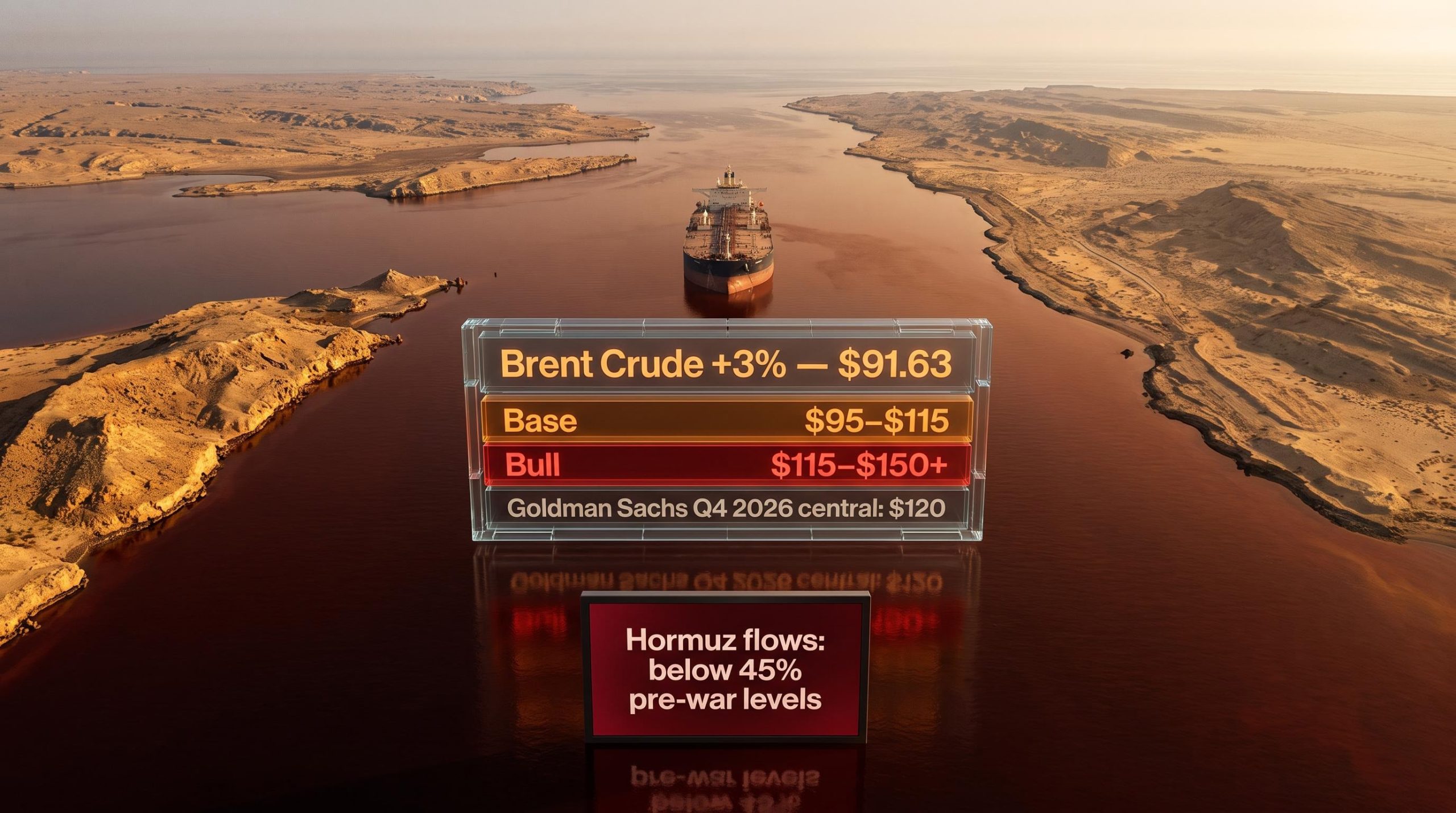 Hormuz strait aerial view with Brent crude $91.63 and Goldman Sachs $120 Q4 2026 oil price shock scenario panels