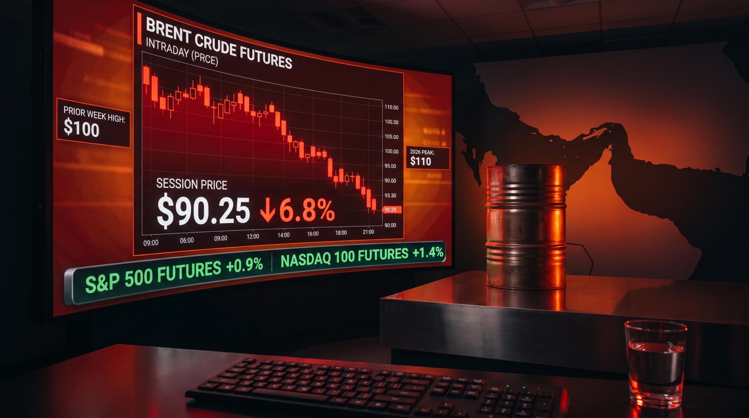 Brent crude futures plunge 6.8% to $90.25 on 27 July 2026 as U.S.-Iran ceasefire strips war-risk premium
