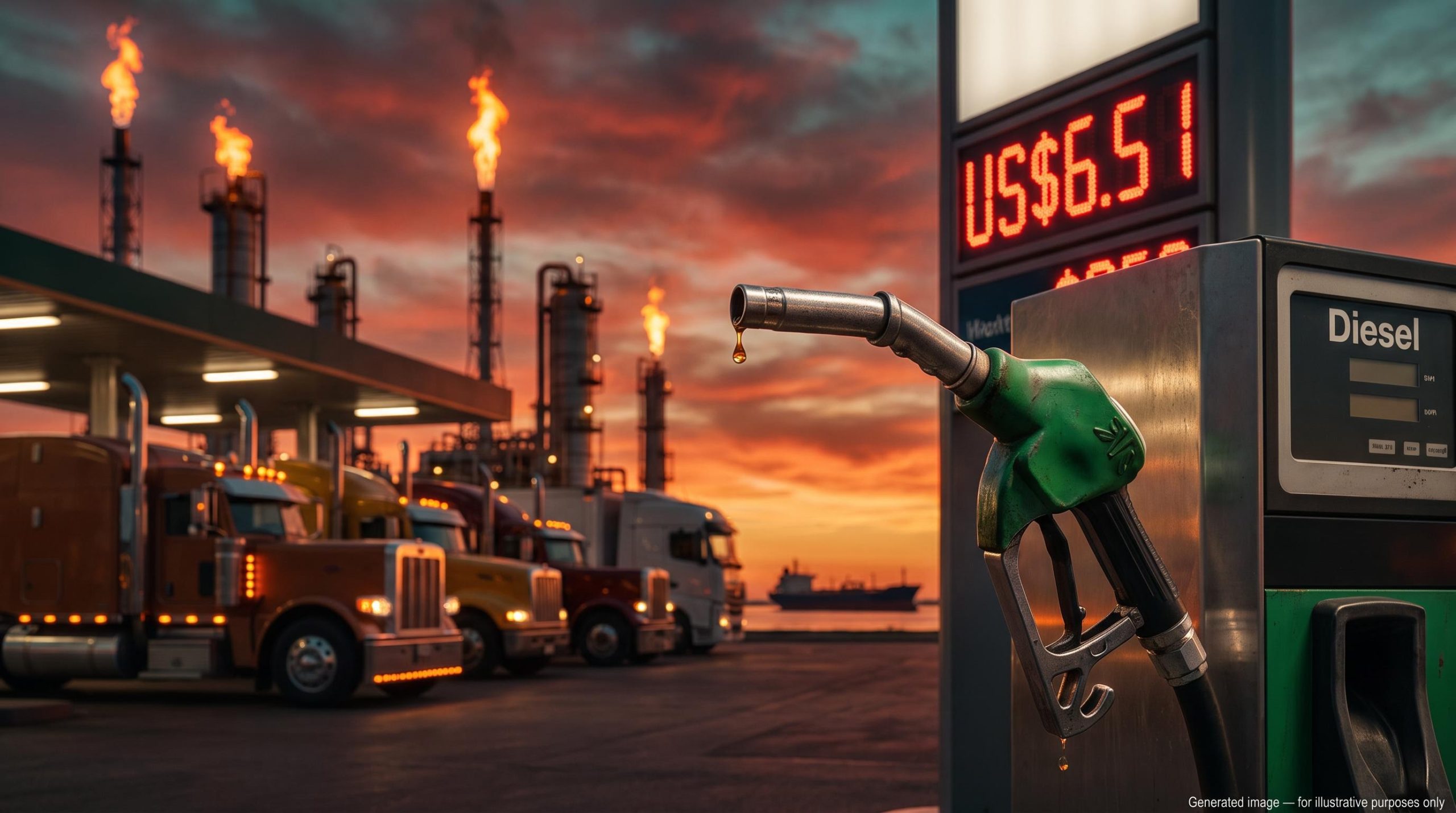 Diesel pump nozzle beside a US$6.51 price sign with a refinery at dusk, illustrating the Brent crude price squeeze