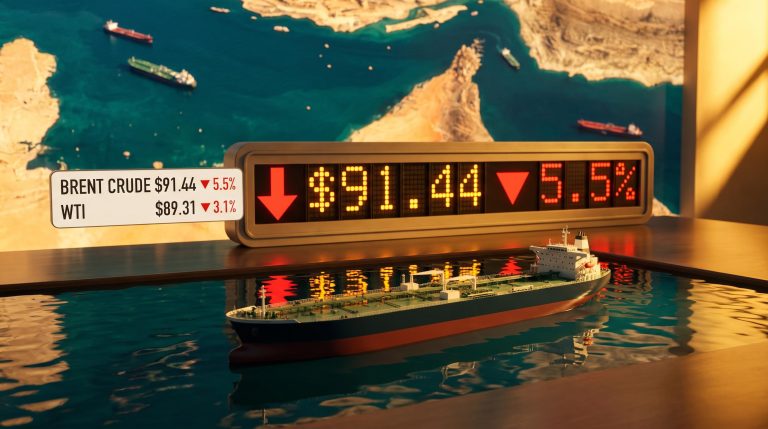 Brent crude price ticker showing $91.44 and 5.5% decline with Strait of Hormuz tankers in background