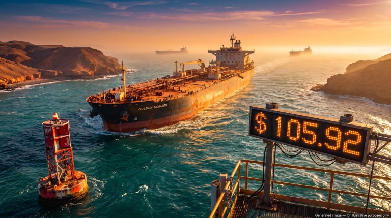 Oil tanker in the Strait of Hormuz at sunset beside a price board showing $105.92, illustrating the Brent crude price