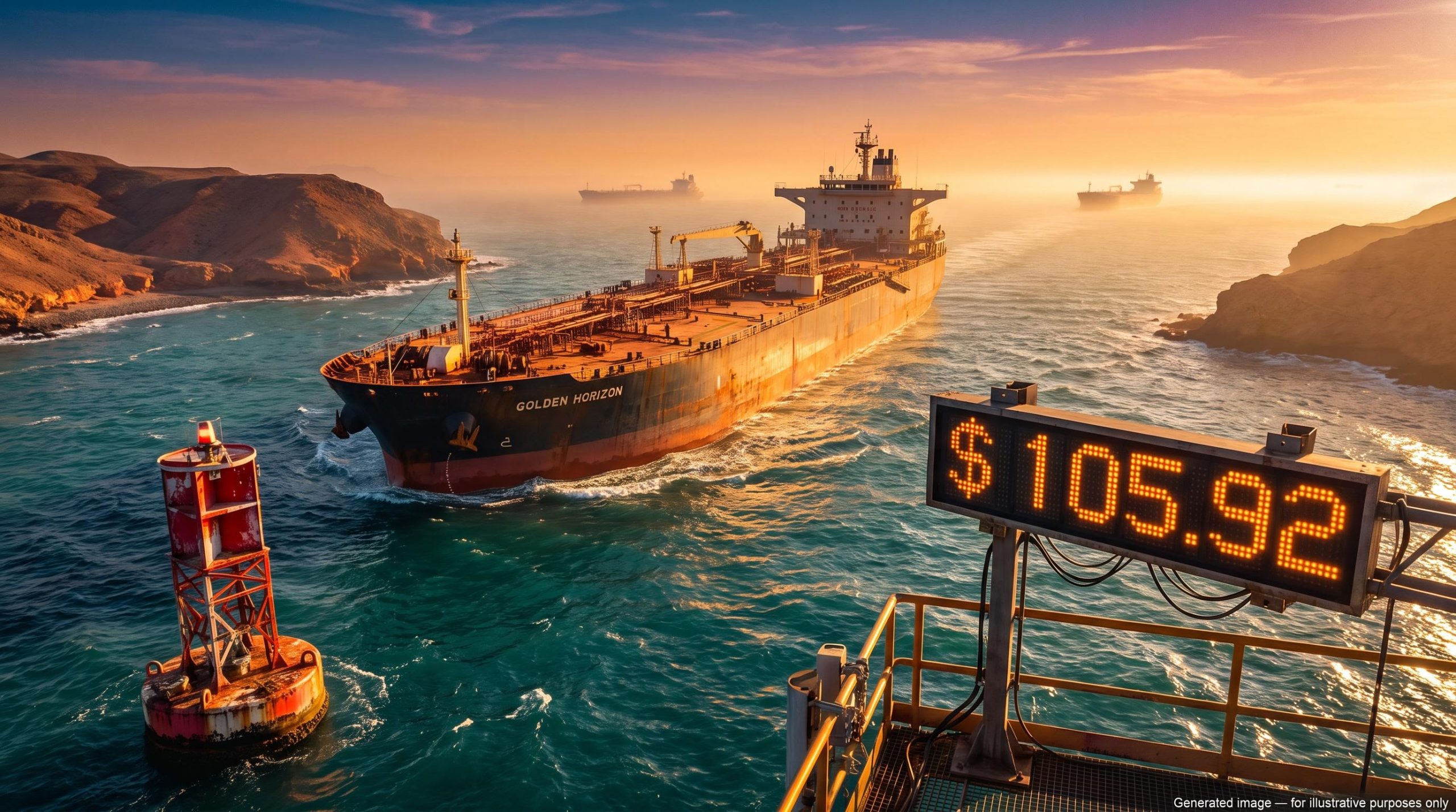 Oil tanker in the Strait of Hormuz at sunset beside a price board showing $105.92, illustrating the Brent crude price