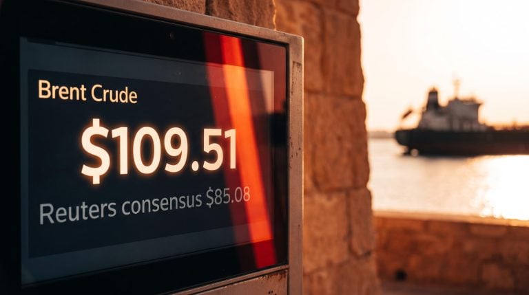 Brent crude price at $109.51 on trading terminal above Reuters consensus $85.08, tanker silhouette in background