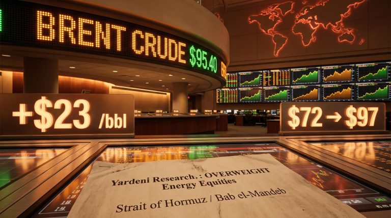 Brent crude price board showing $72 to $97 rally with Yardeni Research energy overweight and chokepoint risk overlays