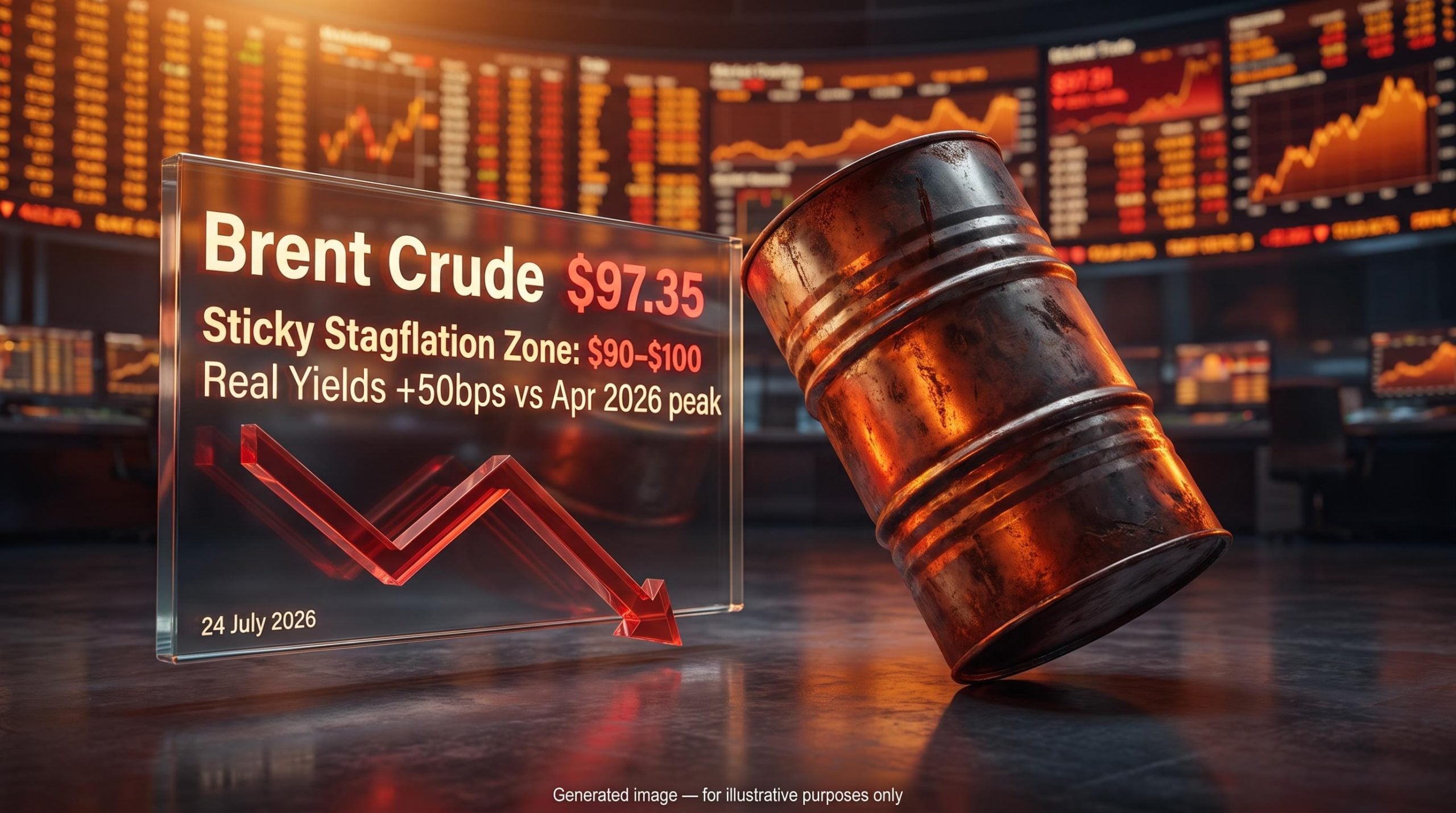 Brent crude barrel at $97.35 with stagflation risk data panel showing $90–$100 sticky zone and real yield repricing