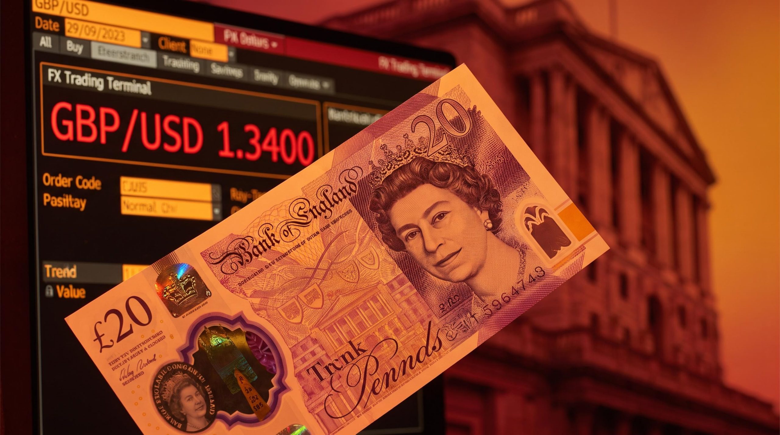 British pound note against GBP/USD 1.3400 trading screen as sterling faces Autumn Budget pressure