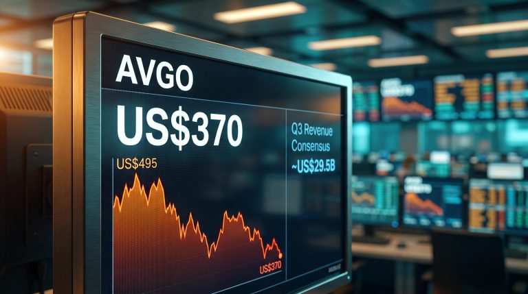 Broadcom AVGO trading terminal showing US$370 price vs US$29.5B Q3 revenue consensus ahead of September 2 earnings