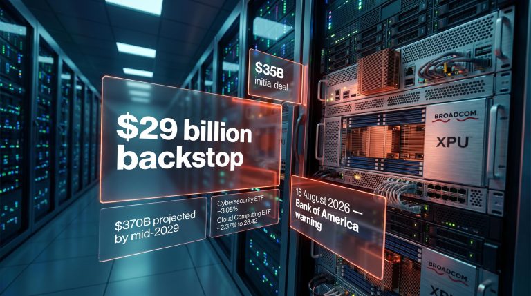 Broadcom XPU server hardware with $29 billion off-balance-sheet guarantee panels floating in AI data centre corridor