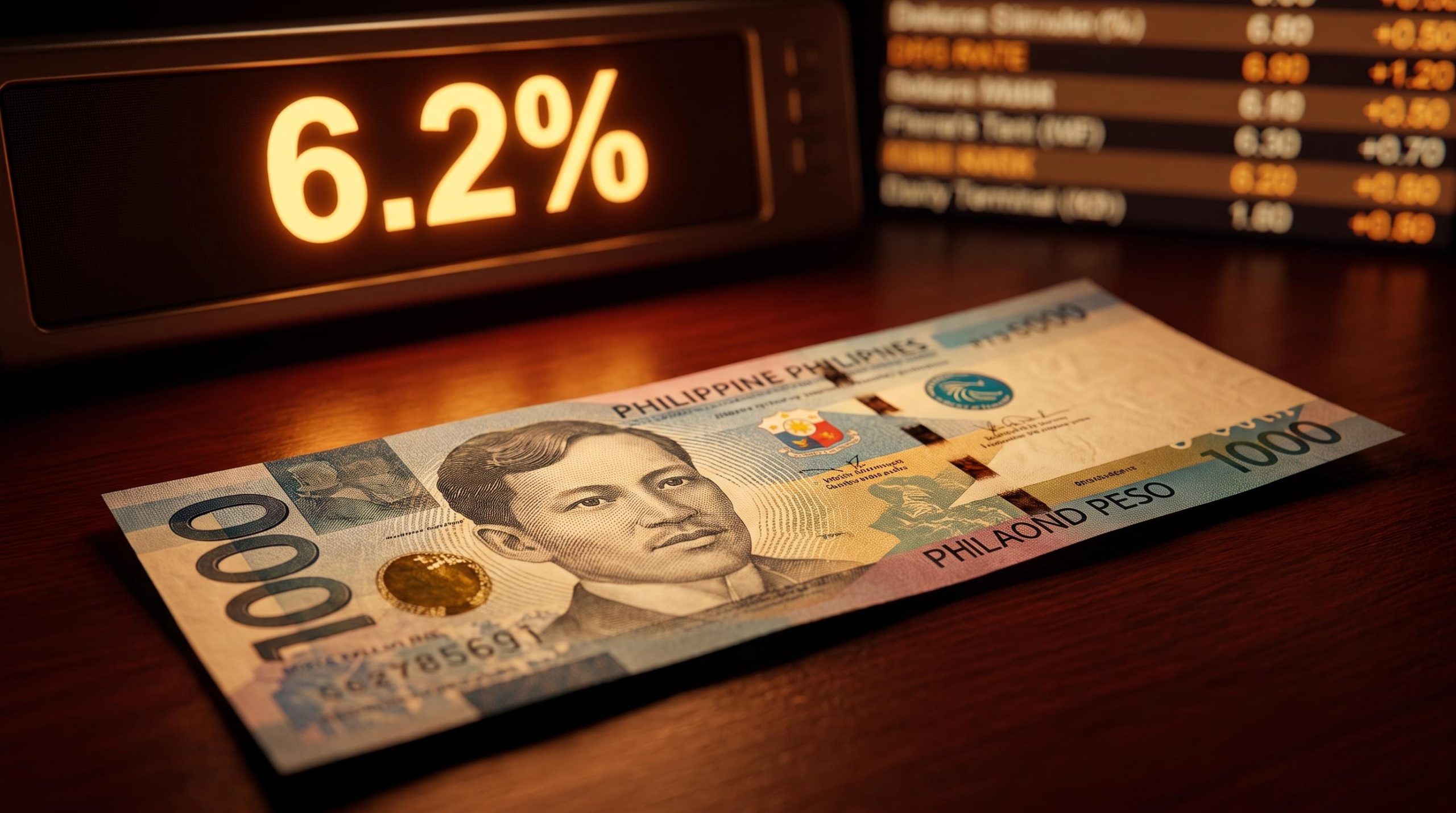 Philippine peso banknote under amber light with 6.2% CPI figure — BSP interest rate hike analysis