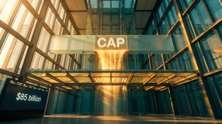 Surreal glass column showing cap ceiling and buffer floor bands with $85 billion figure — buffered ETF concept