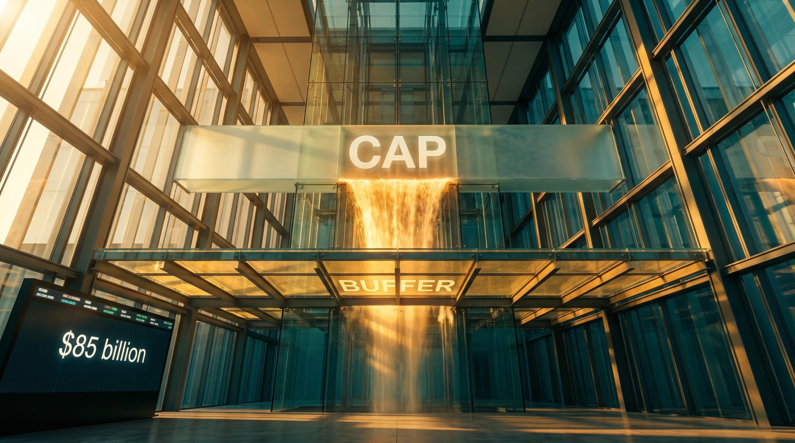 Surreal glass column showing cap ceiling and buffer floor bands with $85 billion figure — buffered ETF concept