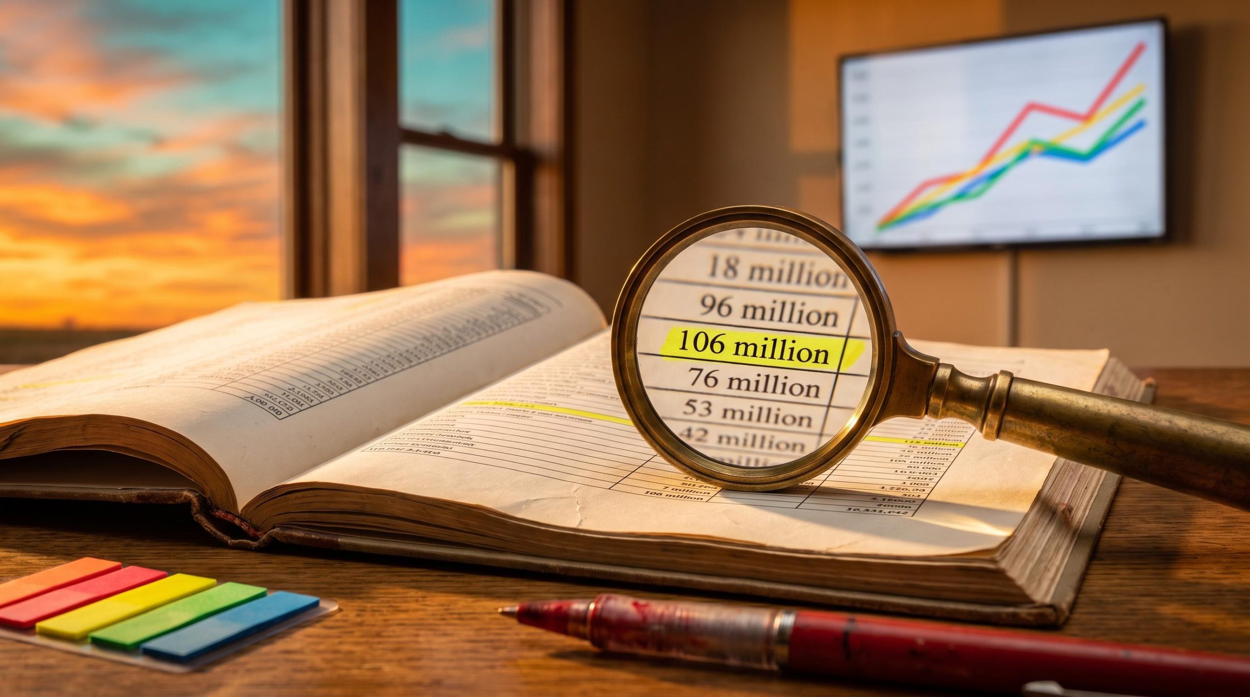 Magnifying loupe over a 13F filing line showing 106 million shares, illustrating the Buffett Google investment analysis