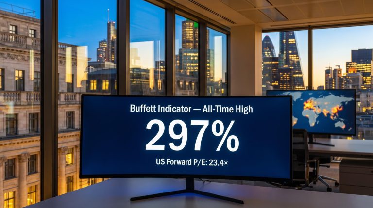 Trading terminal showing Buffett Indicator at 297% all-time high, with global value ETF opportunity across European city skyline
