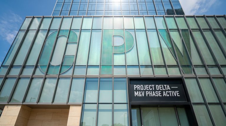 glass building with signage