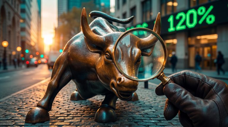 Bronze bull statue examined through a loupe with a 120% ticker glowing behind, symbolising the bull market 2026 anniversary