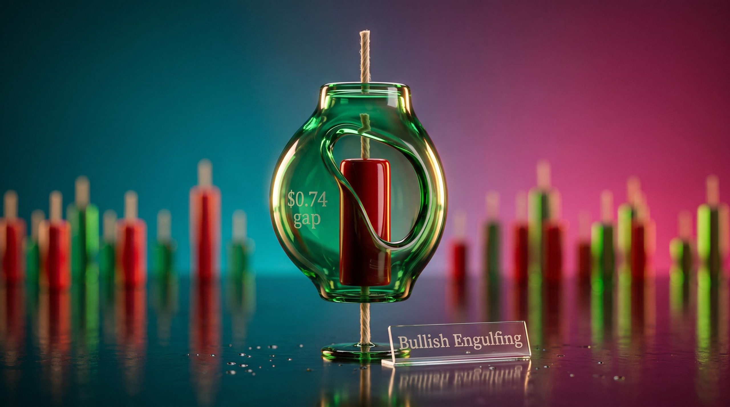 Green glass candlestick fully engulfing a smaller red one, illustrating a bullish engulfing candle with a $0.74 gap