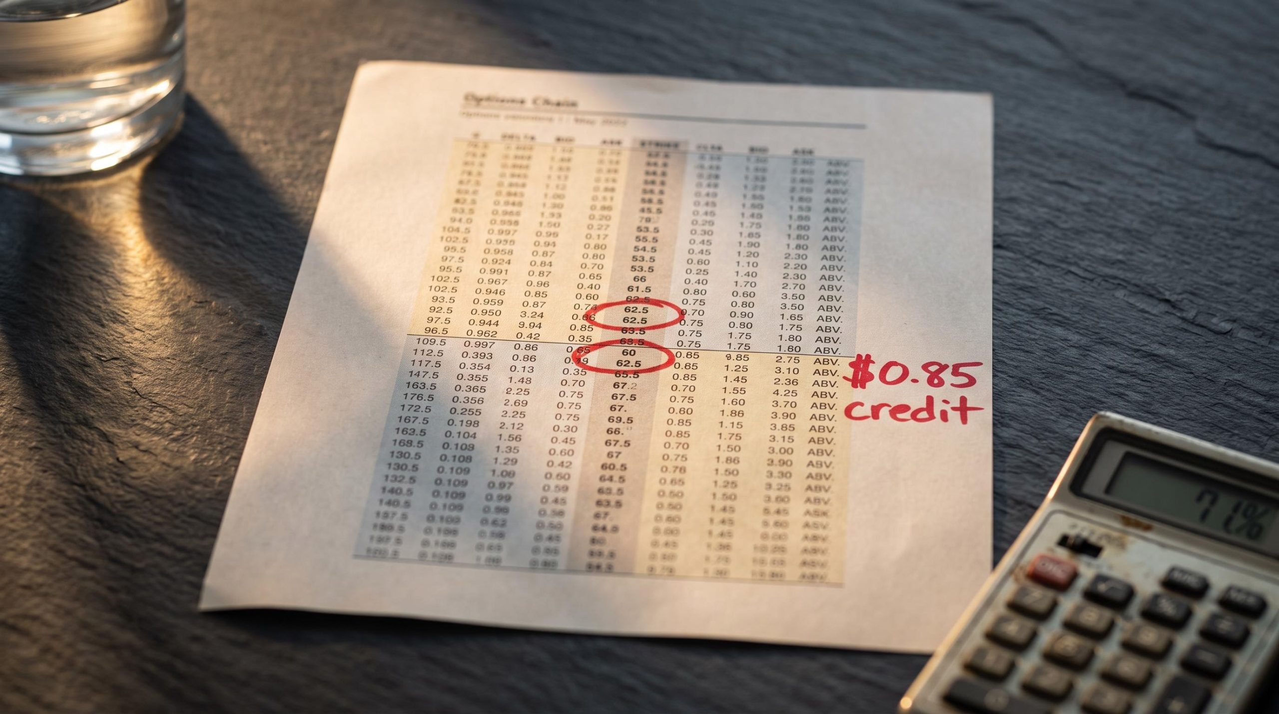 Options chain printout with 62.5/60 put spread strikes and $0.85 credit annotated — bullish put spread strategy