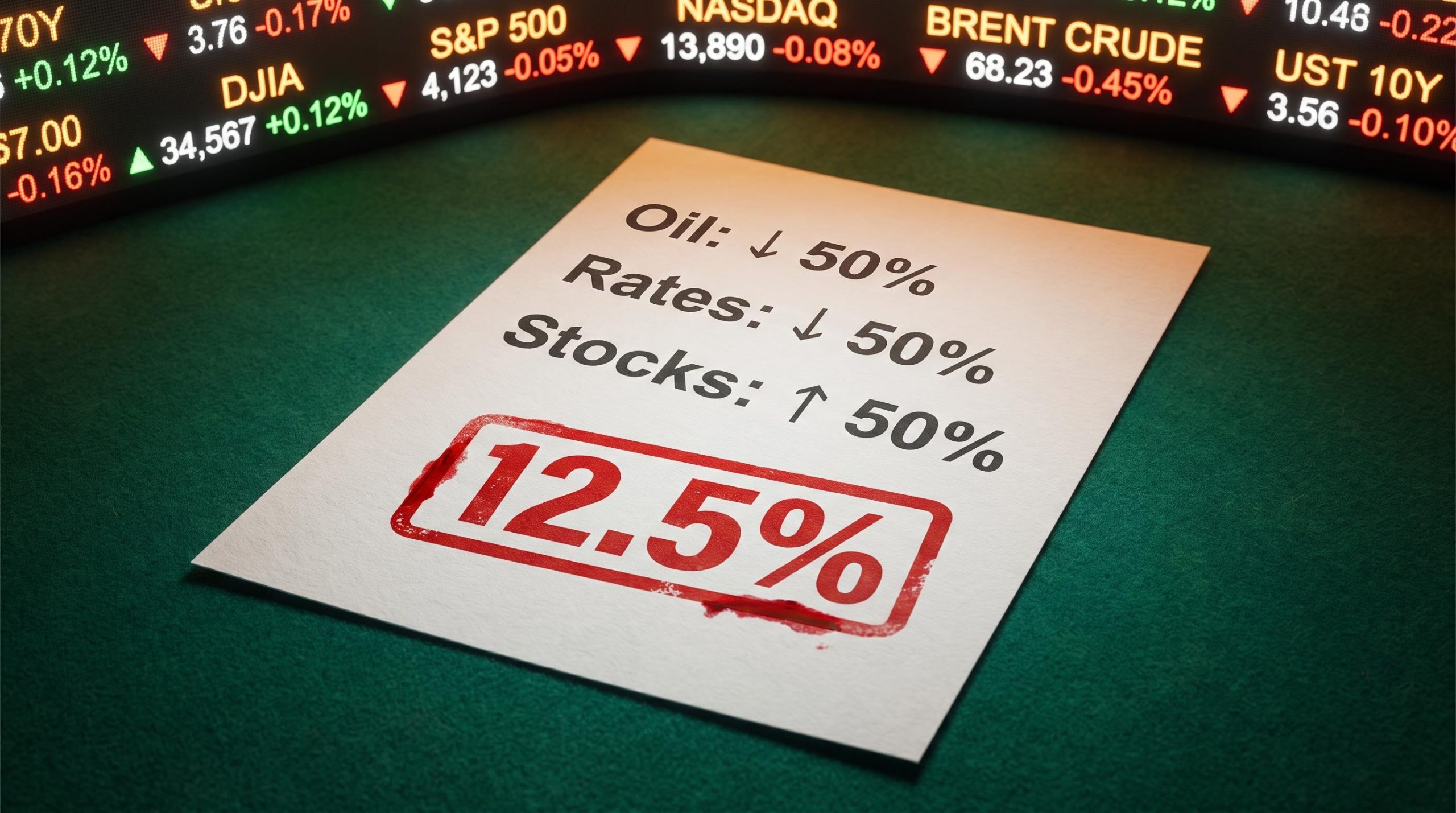 Forecast slip stamped '12.5%' on green felt, exposing the true joint probability of bundled market predictions