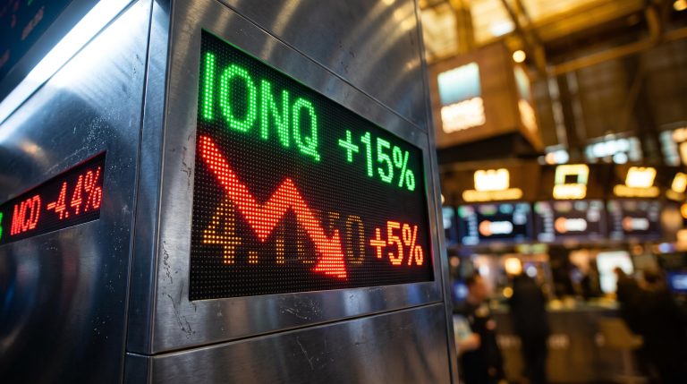 IonQ and MCD ticker board showing buy the rumor sell the news pattern with green-to-red intraday reversal