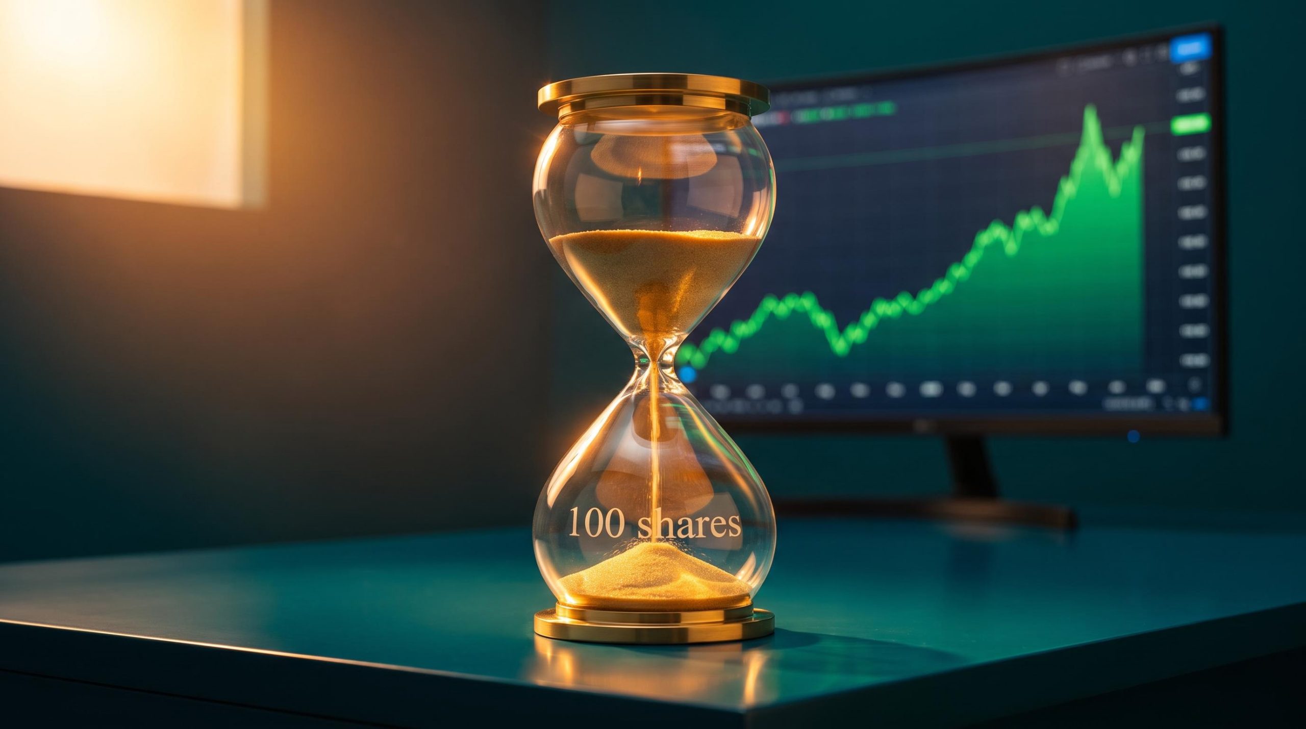Crystal hourglass with golden sand draining, etched with "100 shares" — visualising options time decay