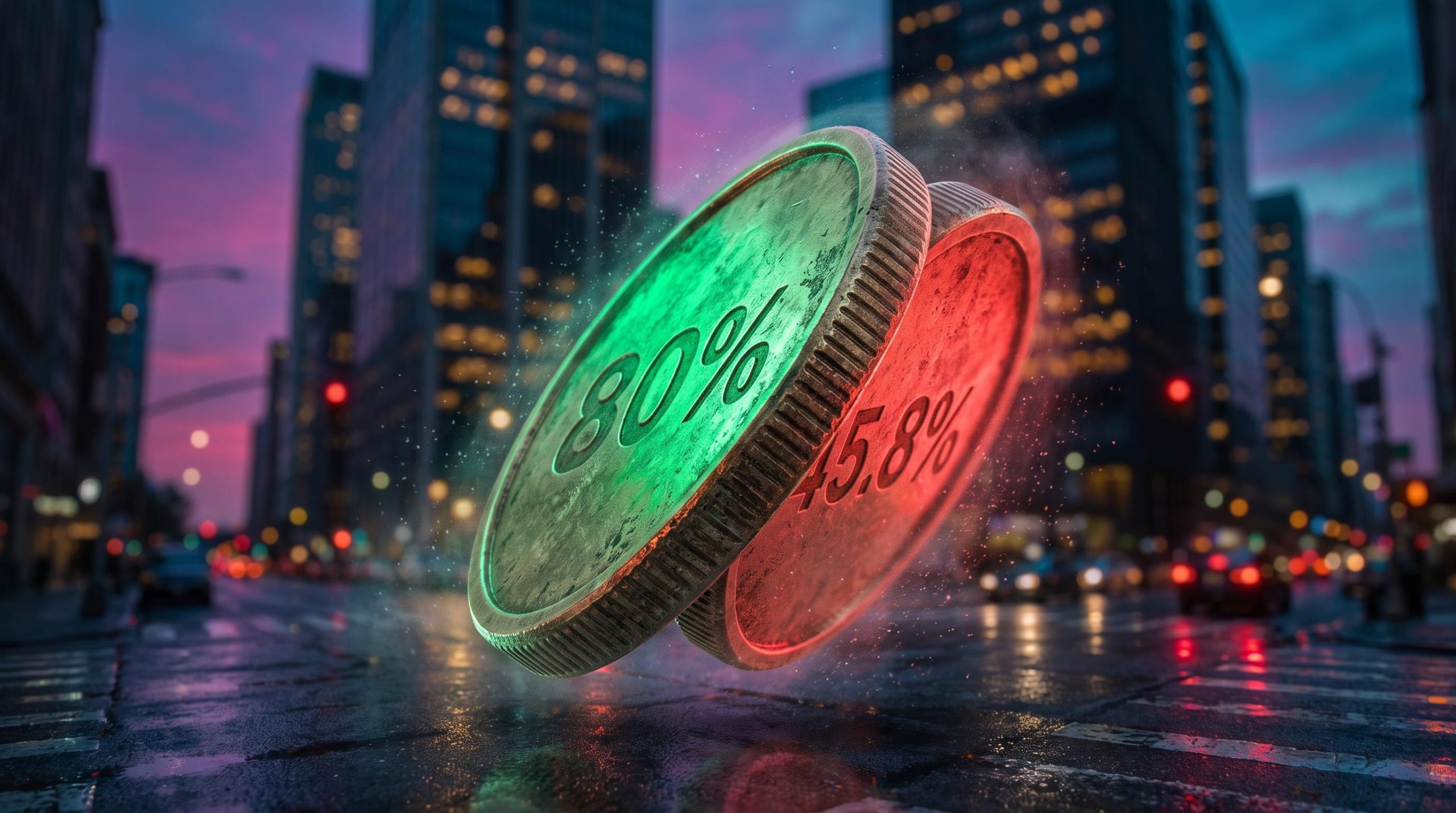 Spinning coin split green and red over a city street, illustrating the odds of buying the Nasdaq dip in crisis versus non-crisis
