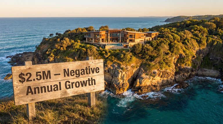 Byron Bay luxury coastal home with $2.5M price tag and negative growth sign — Australian coastal property downturn