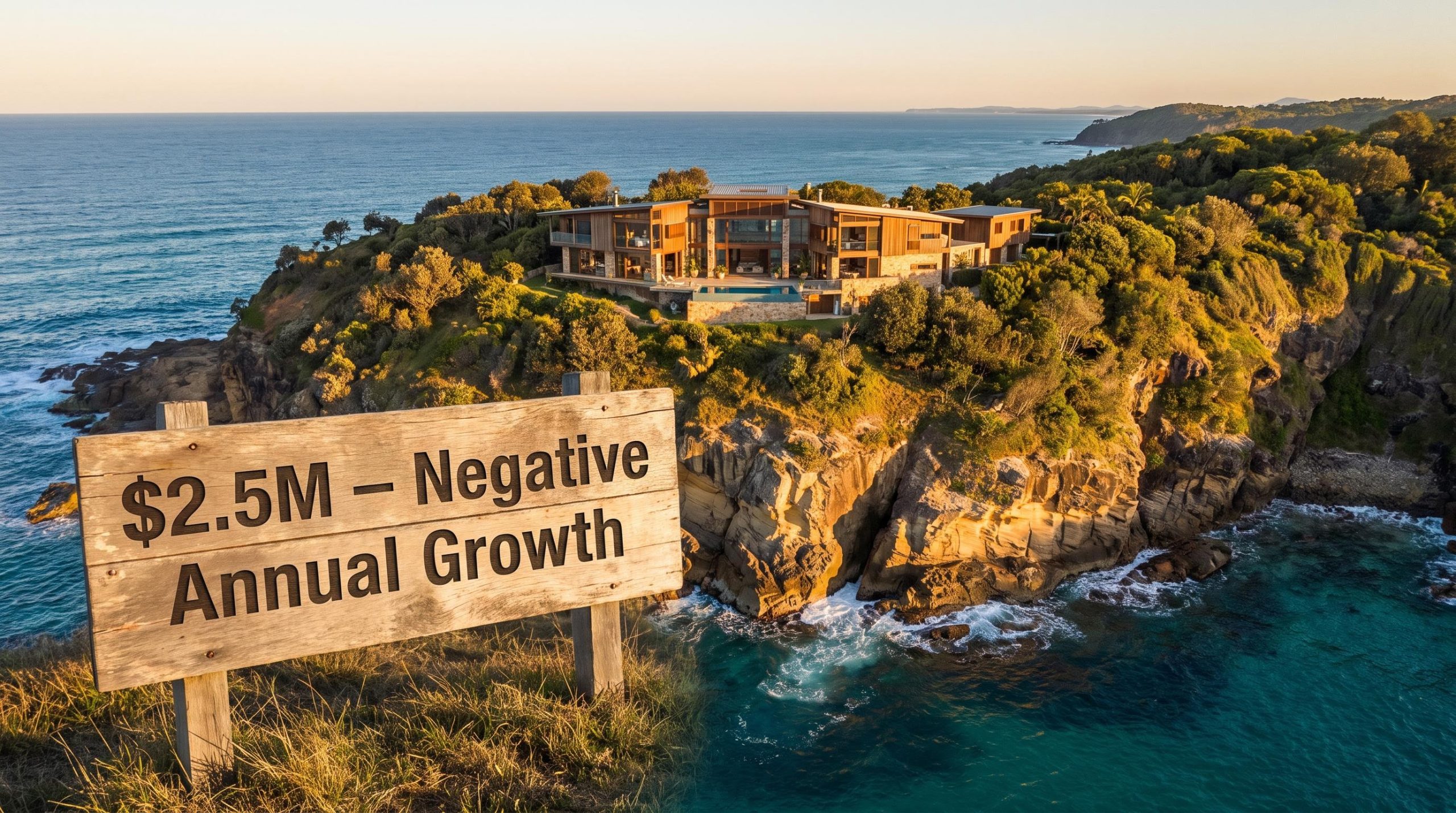 Byron Bay luxury coastal home with $2.5M price tag and negative growth sign — Australian coastal property downturn