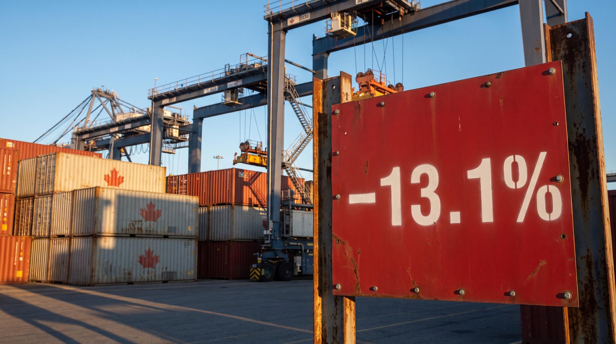 Canadian port crane and container stacks with −13.1% export collapse figure — Canada Q2 GDP analysis