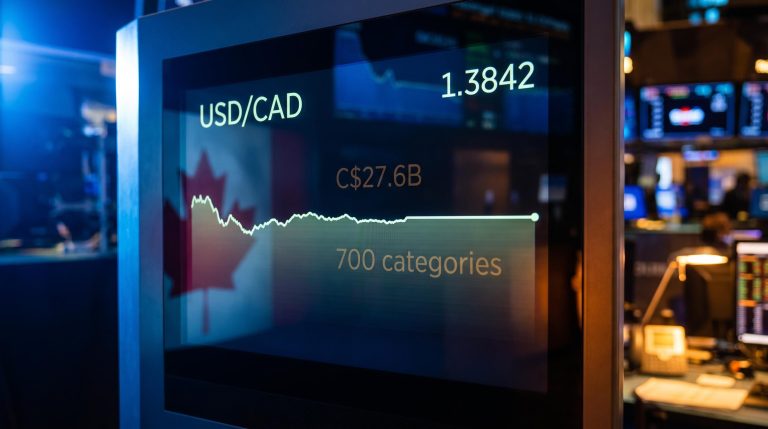 USD/CAD flatline at 1.3842 on a trading terminal as Canada's C$27.6B retaliatory tariffs land without market reaction