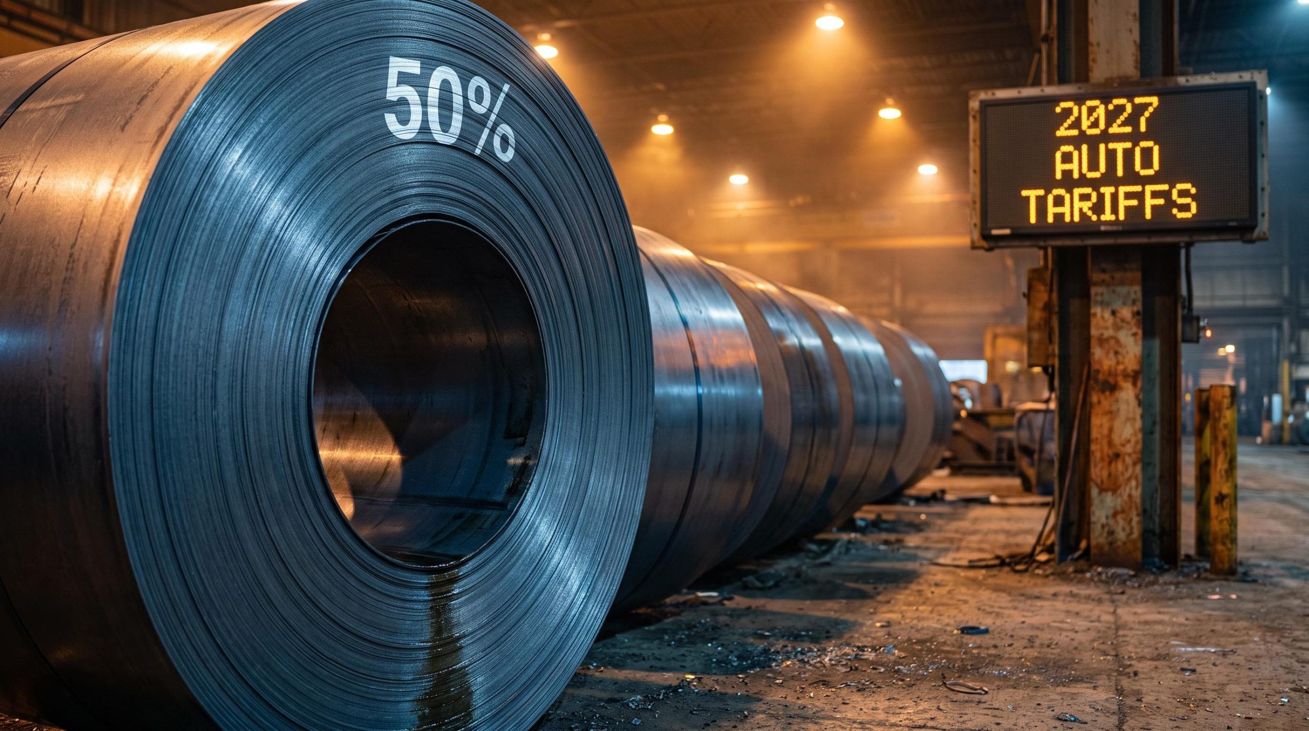 Industrial steel coil etched with '50%' tariff figure, 2027 auto tariff threat visible in background