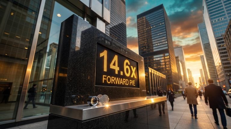 Glowing 14.6x forward P/E plaque before Bay Street towers at sunset, highlighting stretched Canadian bank valuations
