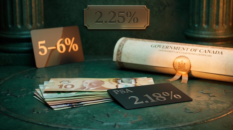 Three-tier Canadian cash parking strategy with Bank of Canada 2.25% rate and PSA ETF yield in editorial still-life