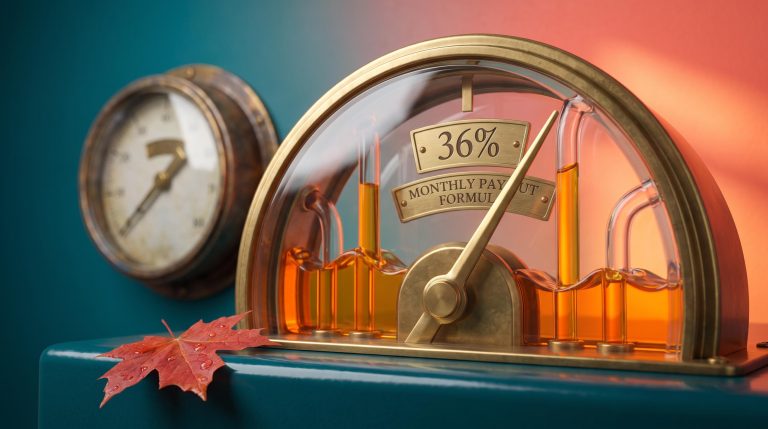 Brass payout dial with needle at 36% illustrating how Canadian covered call ETF distributions swing with volatility