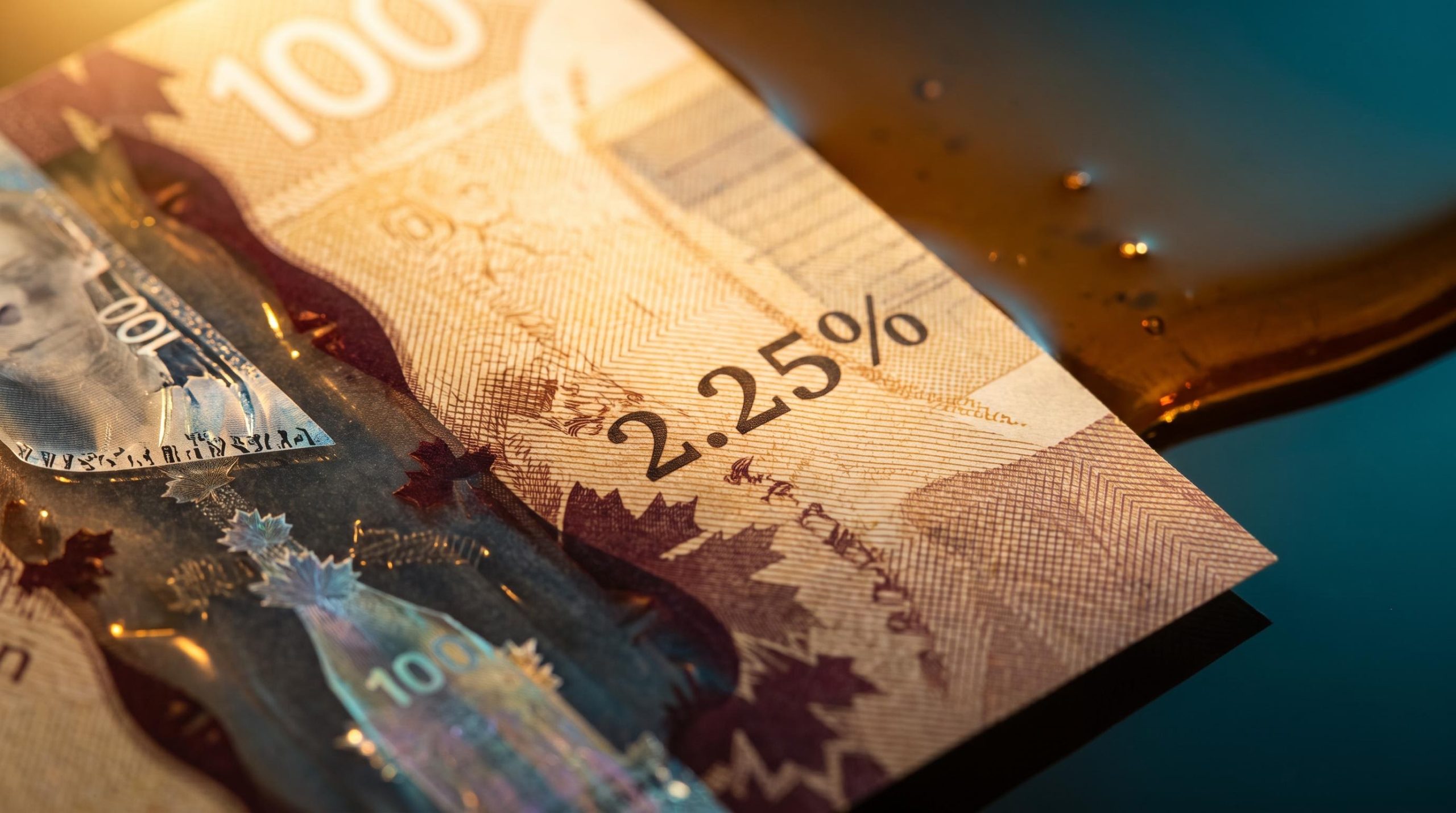 Canadian dollar bill close-up with 2.25% rate overlay illustrating the key Canadian dollar drivers