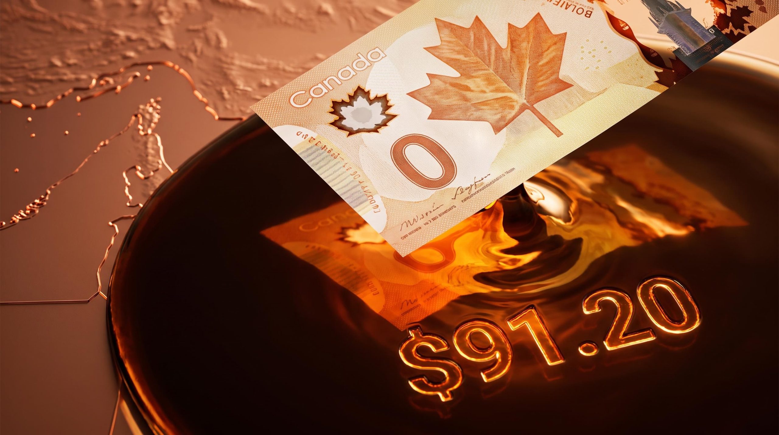 Canadian Dollar banknote hovering above crude oil as WTI falls — Canadian Dollar analysis on the broken oil-Loonie link