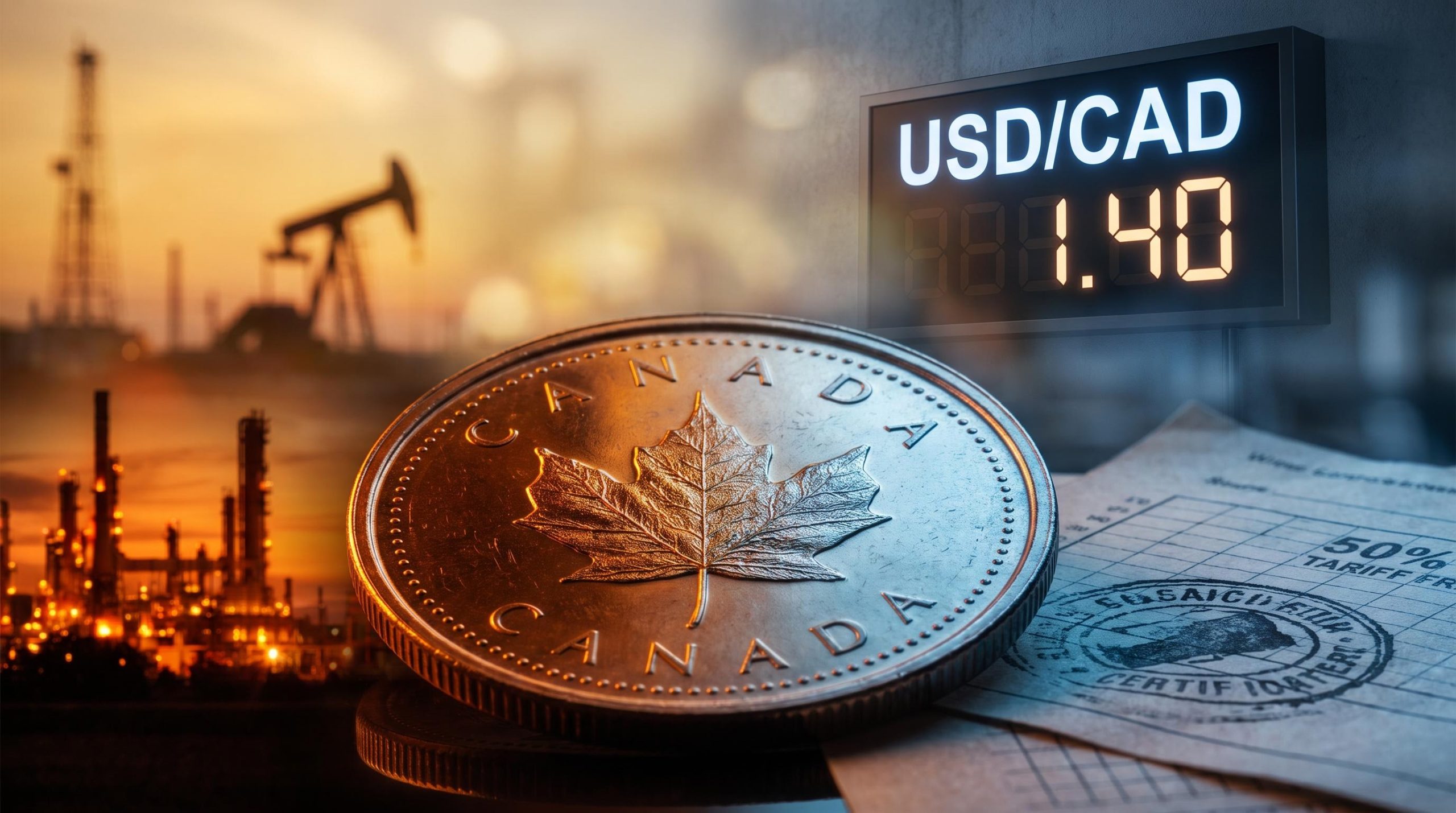 Canadian loonie coin split between crude oil amber and tariff steel-blue tones with USD/CAD 1.40 display
