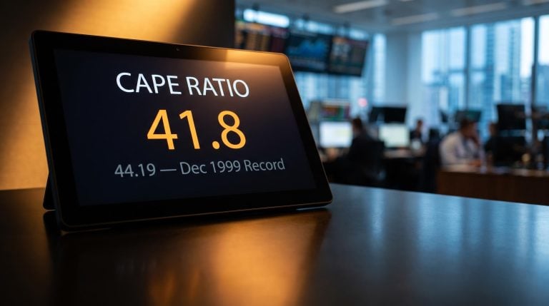 CAPE ratio terminal reading of 41.8 approaching the December 1999 all-time record of 44.19 on a trading floor screen