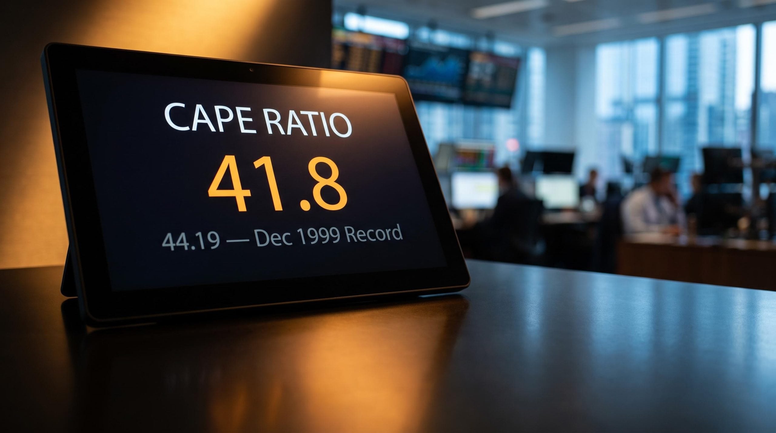 CAPE ratio terminal reading of 41.8 approaching the December 1999 all-time record of 44.19 on a trading floor screen