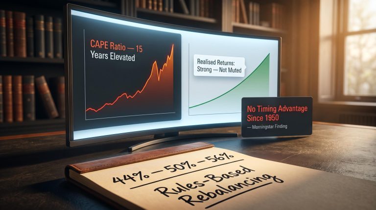 CAPE ratio trend vs realised returns on analytical screen with rules-based rebalancing tolerance bands on a portfolio desk