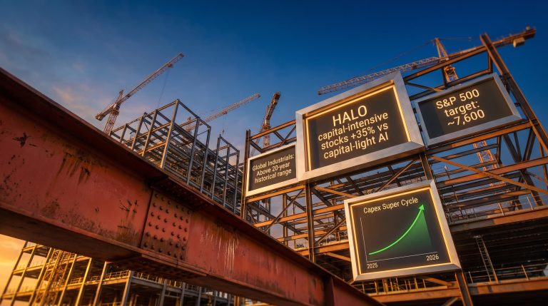 Industrial construction site with capex super cycle data panels showing HALO stocks 35% above 20-year valuation range