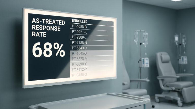Clinical data screen showing CAR-T response rate alongside faded patient rows, visualising the ITT gap in cell therapy trials