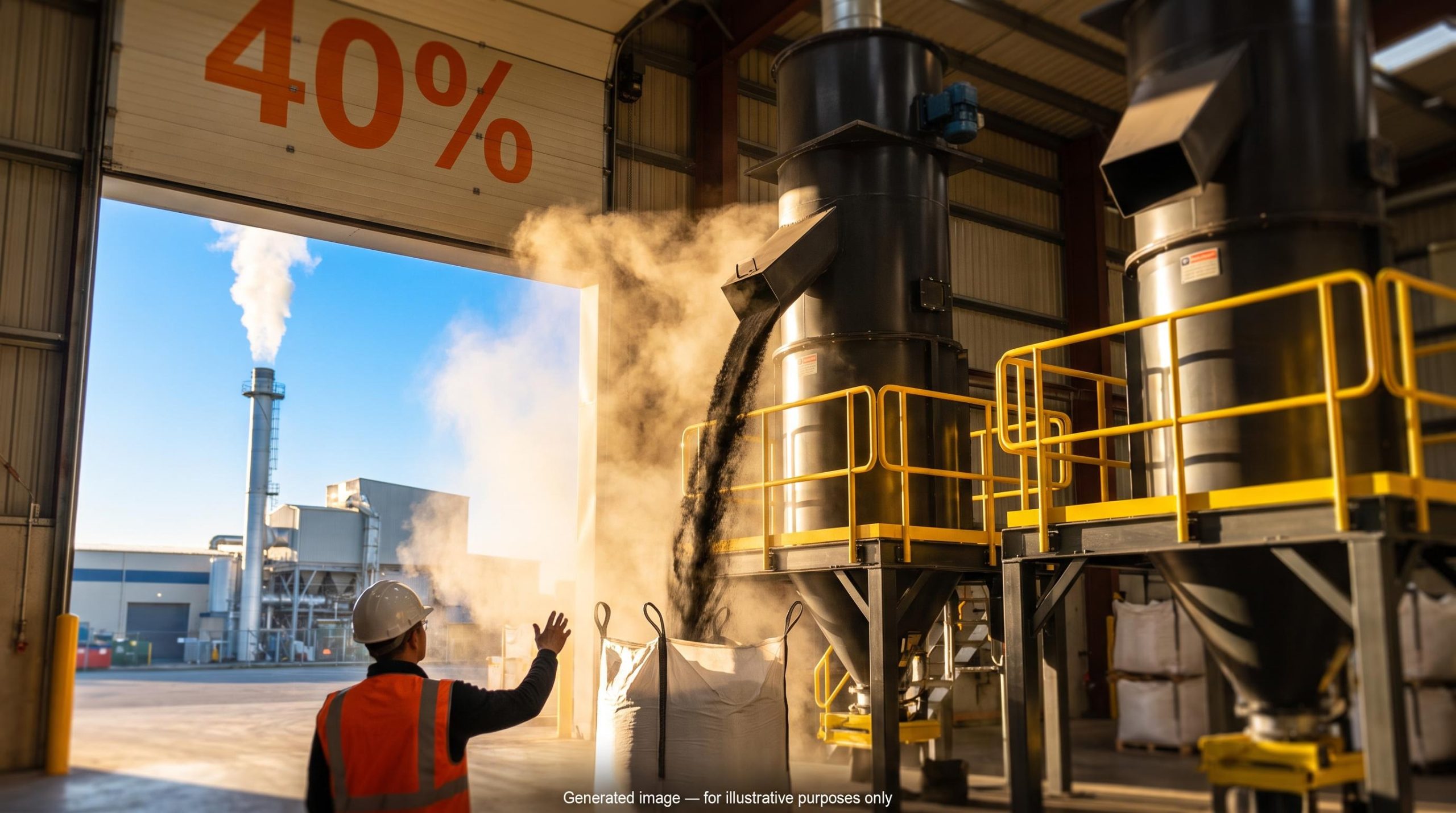Carbonxt Group carbon powder mill at Black Birch plant with 40% growth outlook sign and waste-to-energy plant behind