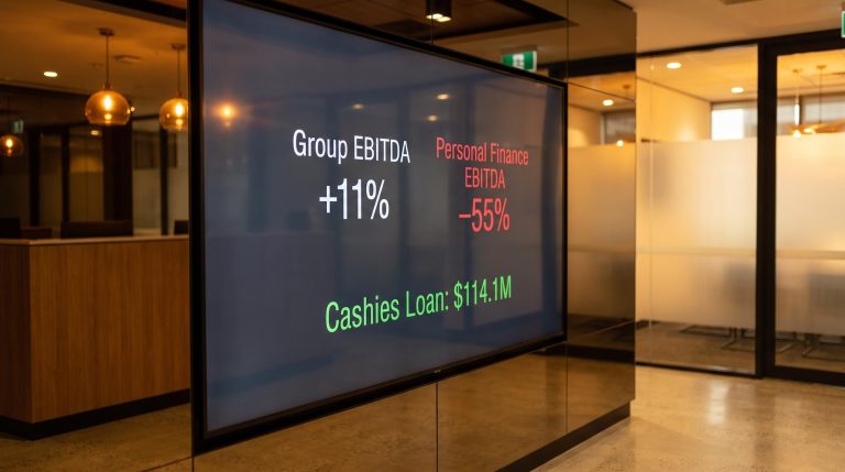 Cash Converters stock screen showing +11% group EBITDA against –55% personal finance EBITDA in lending office
